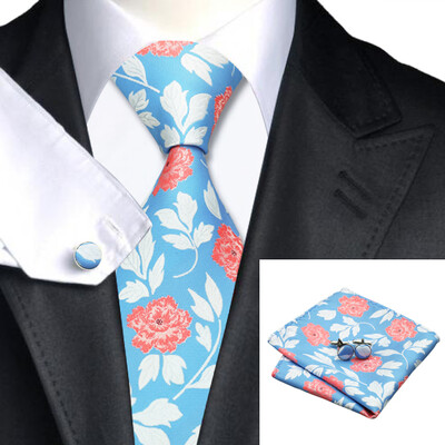 

N-0245 Vogue Men Silk Tie Set Blue Floral Necktie Handkerchief Cufflinks Set Ties For Men Formal Wedding Business wholesale