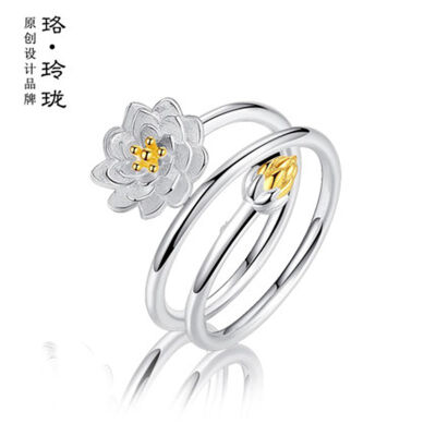

Luo Linglong s925 sterling silver ring female lotus ring personality fresh creative ring adjustable elastic size