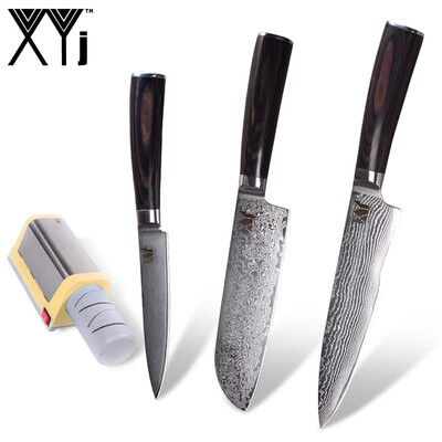 

XYj Quality Damascus Knife 3 PCS Kitchen Knife Damascus Steel KnifeYellow Electric Knife Sharpener