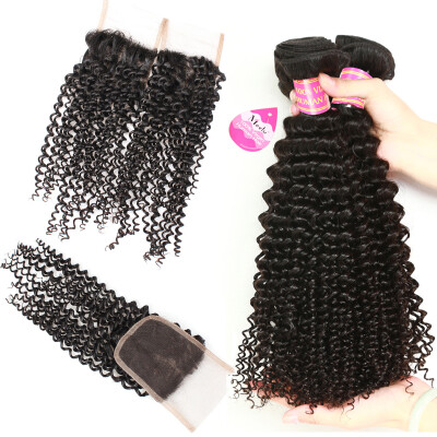 

Cheap 7A Peruvain Curly Hair 8-28 Inch 100g 3 Bundles With 4*4 Lace Closure Deals Factory Selling Kinky Curly Virgin Hair Wet And