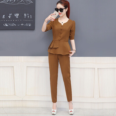 

Fort Sheng 2017 new women's autumn suit fashion two-piece Korean version of long-sleeved trousers small incense temperament chiffon shirt zx17081409 brown