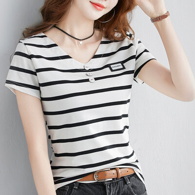 

2019 New Fashion Pure Cotton Stripe Sports Shown Korean Womens Short Sleeved Shirts