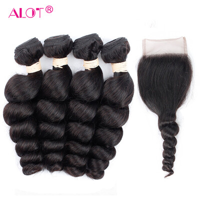 

Alot комплект волос человека с кружевным закрытием 4 * 4 Loose Wave бразильские волосы Virgin Loose Curl 4 связки с закрытием, 5Pcs / Lot