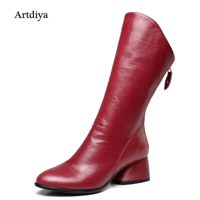 

2017 New Women Boots Head Layer Cowhide Leather Boots Handmade Retro Minimalist Genuine Leather Mid-Calf Boots Black/Red 898B