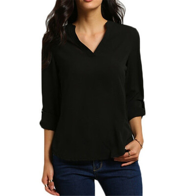 

8 Colors Large Size Female V Collar Long Sleeve Corrugated Sleeve Easy Shirt plus size S-5XL