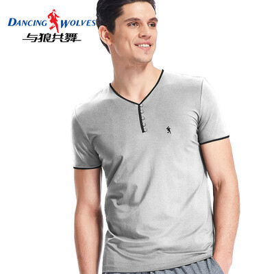 

Dance with wolves short-sleeved T-shirt mens cotton slim solid color V-neck half-sleeve male 9869 gray ash