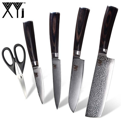 

XYj Damascus Knife Chopping Santoku Utility Fruit Kitchen Knife VG10 Core Damascus Steel Pattern Knife Set With Scissor