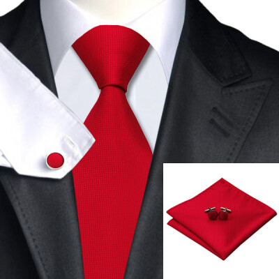 

N-0206 Vogue Men Silk Tie Set Red Solid Necktie Handkerchief Cufflinks Set Ties For Men Formal Wedding Business wholesale