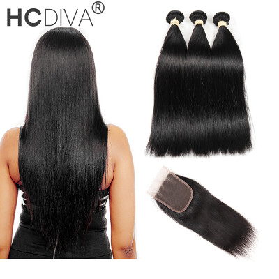 

HCDIVA Peruvian Virgin Hair 3 Bundles Straight with Closure Human Hair Extensions 1B Color Bundles with Lace 4x4 Closure