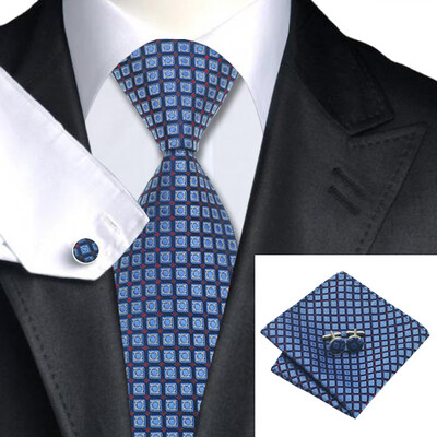 

N-0958 Vogue Men Silk Tie Set Blue Novelty Necktie Handkerchief Cufflinks Set Ties For Men Formal Wedding Business wholesale