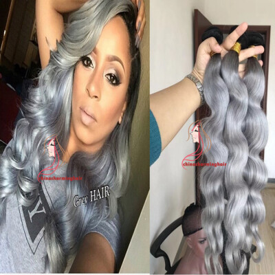 

ombre grey body wave Brazilian human hair bundles double weft hair extensions non remy two tone color 1b/grey hair weaving