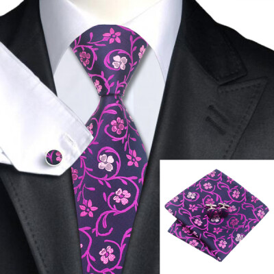 

N-1000 Vogue Men Silk Tie Set Purple Floral Necktie Handkerchief Cufflinks Set Ties For Men Formal Wedding Business wholesale