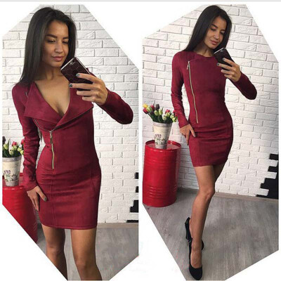 

Lovaru ™ 2017 Autumn Dress Women Red Office lady Long Sleeve Zippers Fashion Women Straight Mini Dresses