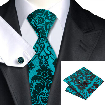 

N-0769 Vogue Men Silk Tie Set Black Floral Necktie Handkerchief Cufflinks Set Ties For Men Formal Wedding Business wholesale
