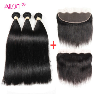 

Alot Hair 3 Bundle Hair with Lace Frontal Free Part Brazilian Virgin Human Hair Striaght with Frontal Closure Natural Black