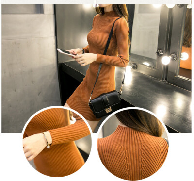 

Women Autumn and winter new half-turtleneck sweater hemp thick long section Korean Slim dress bag hip knit primer shirt N02