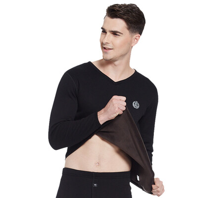 

Seven wolves mens thermal underwear tops one piece autumn&winter invisible V-neck stretch Slim plus velvet thick autumn clothing single piece 99297 Navy XL