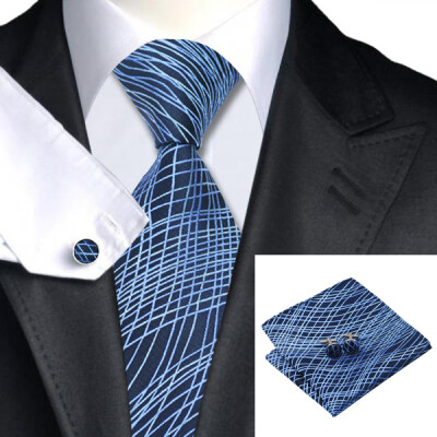 

N-1086 Vogue Men Silk Tie Set Blue Novelty Necktie Handkerchief Cufflinks Set Ties For Men Formal Wedding Business wholesale