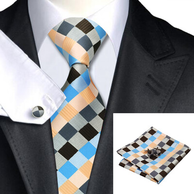 

N-0275 Vogue Men Silk Tie Set Blue Plaid Necktie Handkerchief Cufflinks Set Ties For Men Formal Wedding Business wholesale