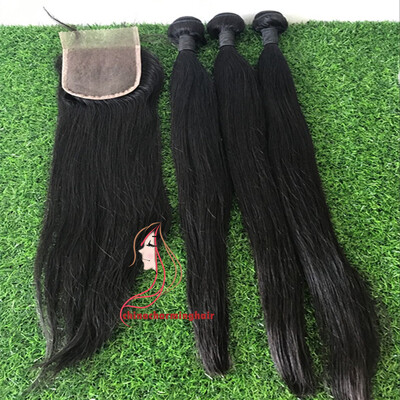 

Brazilian Straight Hair With Lace Closure Free Part 4 Pcs Natural Color Free Ship Remy Human Hair 3 Bundles With Closure