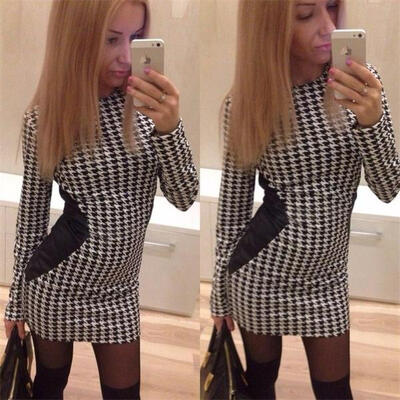 

Lovaru ™ Wanita baru gaun fashion lengan penuh o-neck mini dress houndstooth print dress elegan