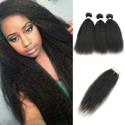 

kiss hair nature color yaki straight unprocessed Brazilian human hair extension 3 bundles with 4*4 lace closure