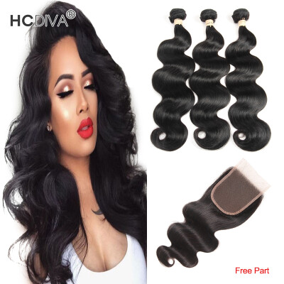 

HCDIVA Virgin Hair 3 Bundles With Closure Brazilian Body Wave Human Hair Bundles Plus Closure Free / Middle / Three Part 4 pcs/lot