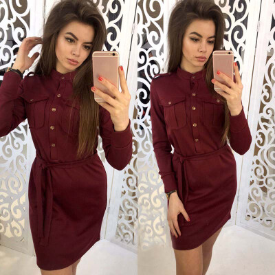 

Lovaru ™ Autumn Dress Women Green Red Pockets Office lady Long Sleeve Buttons Women Straight Mini Dresses