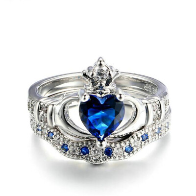 

Exquisite Love Design Crown Hand Heart Claddagh Ring Set Sliver Color Blue CZ Diamond Crystal Rings for Women R616