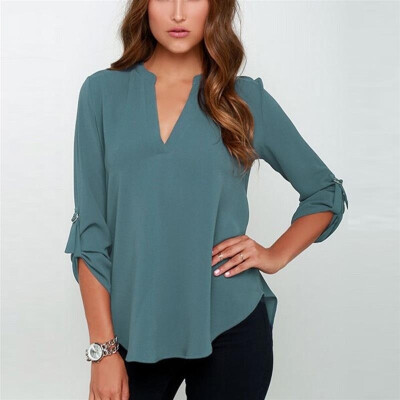 

8 Colors Large Size Female V Collar Long Sleeve Corrugated Sleeve Easy Shirt plus size (-5XL