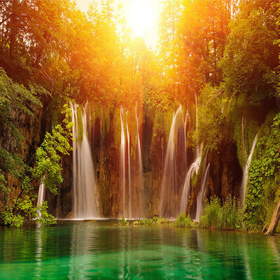 

Custom Wall Mural Photo Wallpaper Modern Living Room Sofa TV Background Art Painting Sunshine Forest Waterfall 3D Wall Paper