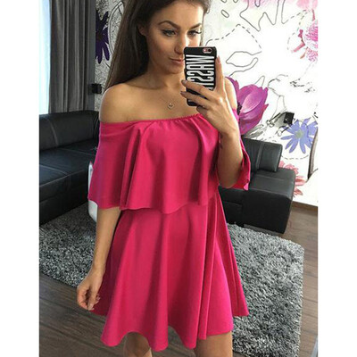 

Lovaru ™ 2017 Женское платье Повседневная мода Свободные оборки Slash Neck Solid Pink Yellow Beach Wear Sexy Mini Women Dress