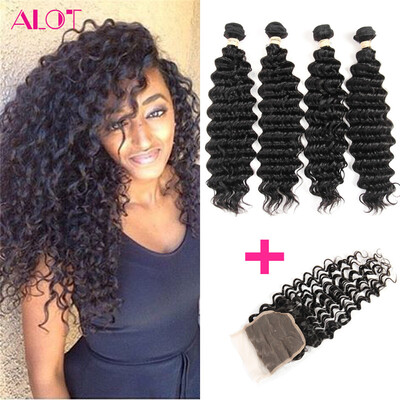 

Alot Hair Deep Wave With Closure 4 Bundles Human Hair Weave Natural Color Peruvian Virgin Hair Bundles With Closure Free Part