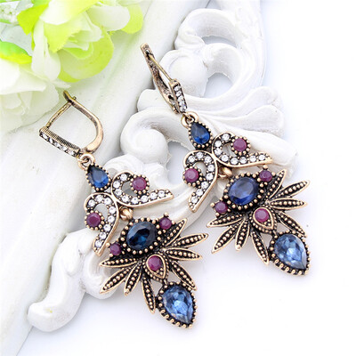 

Arabesque Vintage Women Flower Long Hook Earring Swinging Pendant Resin Crystal Palm Jewelry Antique Gold Color Bohemia Bridal