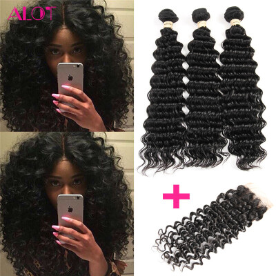 

Alot Hair Deep Curly Indian Deep Wave Weave Weft 3 pcs plus 44 Closure Bundles With Closure Indian Human Hair