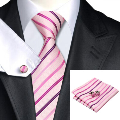 

N-0228 Vogue Men Silk Tie Set Pink Stripe Necktie Handkerchief Cufflinks Set Ties For Men Formal Wedding Business wholesale