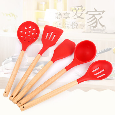 

Silicone Kitchen Utensil 5 Pieces Set with Wooden Handle Nonstick Cookware