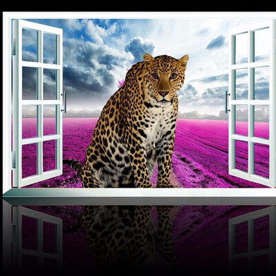 

Пользовательские фотообои 3D Lifelike Animal Leopard Фиолетовые цветы Настенная роспись Окна Вид на стену Бумага для постельного белья Комната с телевизором