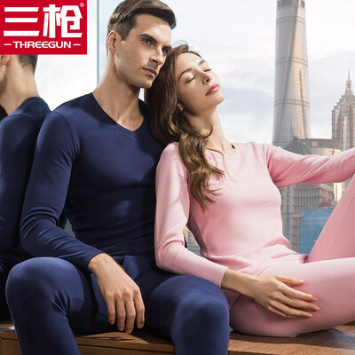

Three guns thermal underwear female 2018 autumn&winter new product refreshing skin stretch elastic cotton round neck v-neck long-sleeved couple autumn clothing long pants mens suit female models smoke red