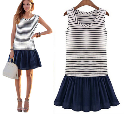 

Lovaru ™HOT SALE 2015 TOP DRESSES casual o-neck ball gown striped sleeveless brief women's mini dresses