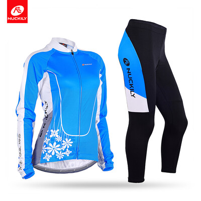 

NUCKILY SpringAutumn Women Bicycle Suit Flower Print Long Sleeve Blue Color Cycling Jersey And Tights Set GC001GD001