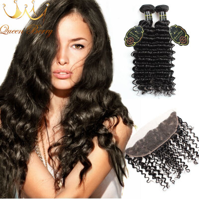 

High Quality Queen Berry Hair Deep Wave Virgin Human Hair With 13*4 Lace Frontal Unprocessed Human Hair 3 bundles With Frontal