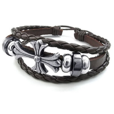 

Hpolw Mens Womens Leather Bracelet Celtic Cross Charm Bangle Fit 7-9 inch Brown Silver