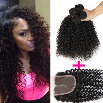 

7A Brazilian Kinky Curly Virgin Hair 3 Bundles With Lace Closure Free Or Middle Part Brazilian Kinky Curly Brazilian Virgin Hair