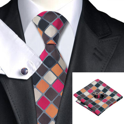 

N-1144 Vogue Men Silk Tie Set Plaids & Checks Necktie Handkerchief Cufflinks Set Ties For Men Formal Wedding Business wholesale