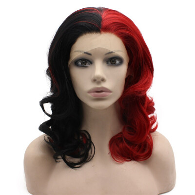 

Medium Long Wavy Half Black Red Two Tone Lace Front Wig Synthetic