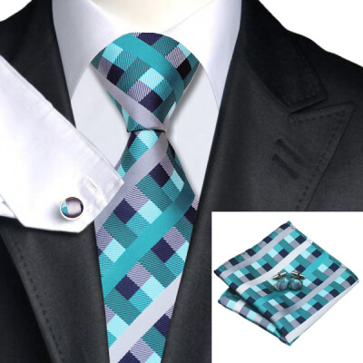 

N-0553 Vogue Men Silk Tie Set Turquoise Plaid Necktie Handkerchief Cufflinks Set Ties For Men Formal Wedding Business wholesale