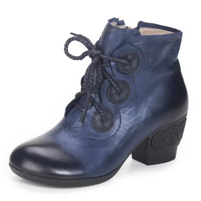 

Xiangban Fall Winter Female Ankle Boots Sheepskin Women Shoes Handmade Cross-Tied High Heeled Short Boots