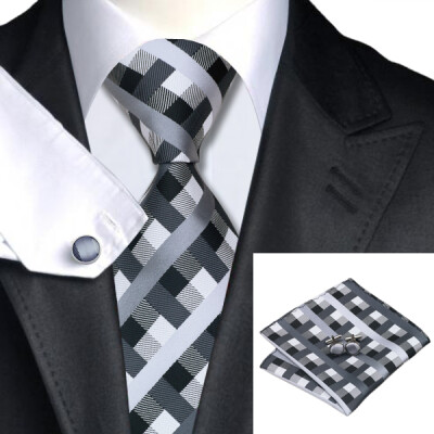 

N-0577 Vogue Men Silk Tie Set Black Plaids Necktie Handkerchief Cufflinks Set Ties For Men Formal Wedding Business wholesale