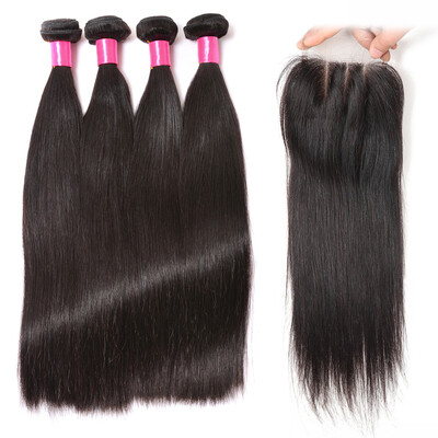 

BHF 8A Straight Human Hair Bundles with Closure 4 Bundles Unprocessed Straight Brazilian Virgin Hair with Closure Free Shipping